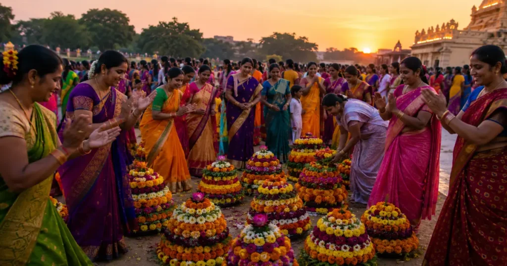 Women celebrating Bathukamma in colourful sarees during Telangana’s festive season